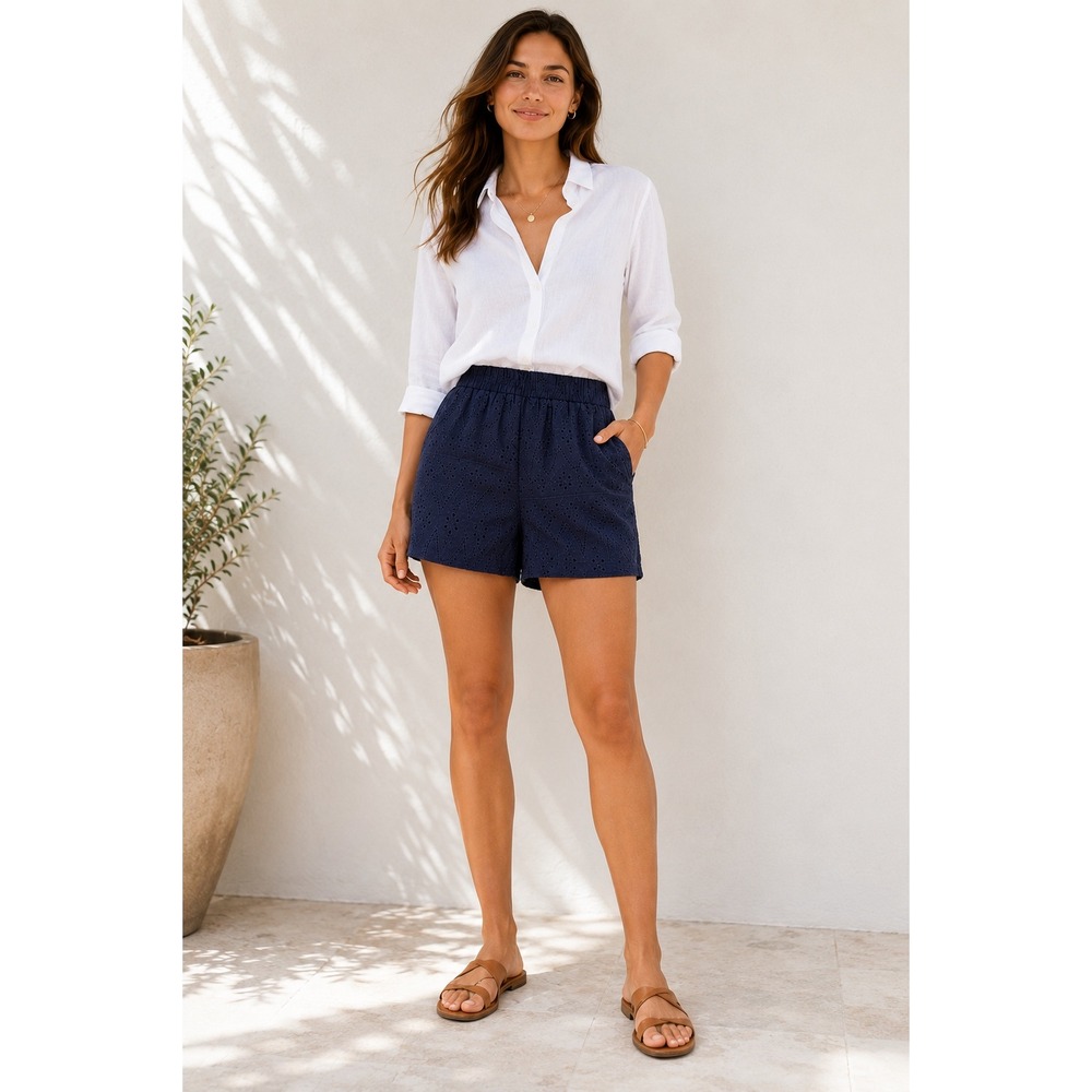 She + Sky Women's Large Navy Eyelet Embroidered Shorts Lined Elastic Waist
